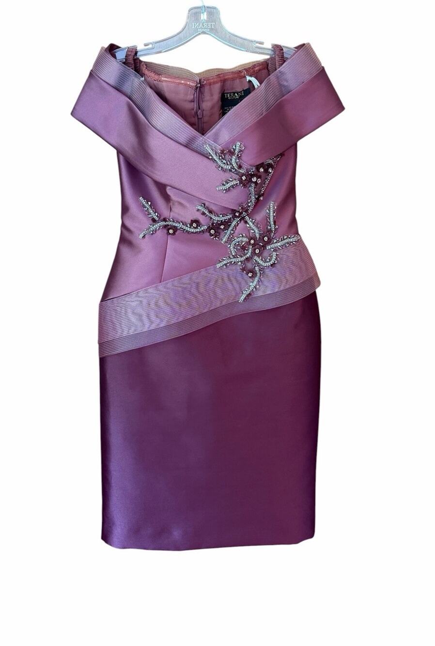 Terani Couture Women’s Evening Dress Mauve Off Shoulder Embroidered Beaded Sz. 8